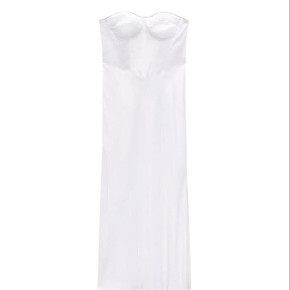 NEW ZARA RHINESTONE CORSET MIDI DRESS OYSTER WHITE | 1165/152